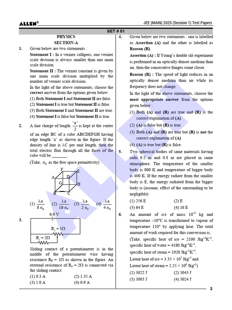 JEE Main 2025 Physics Test Paper Set 1 | PDF | Capacitor | Electron
