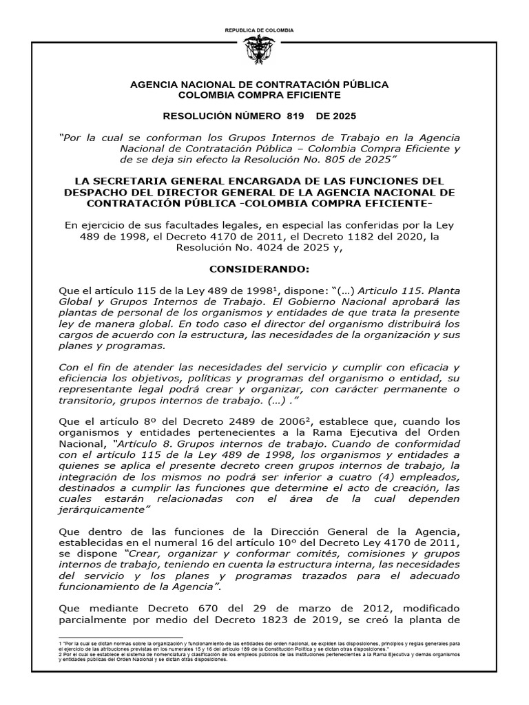 RESOLUCION 819 de 2025 CONFORMACION DE GRUPOS | PDF | Justicia | Crimen ...