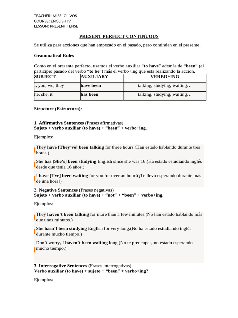 Present Perfect Continuous | PDF | Mecánica del lenguaje | Lingüística