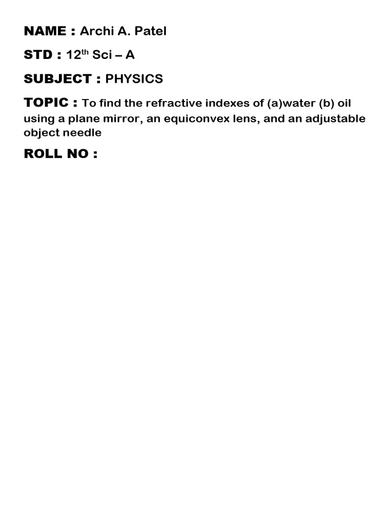 Refractive Index of Water and Oil Experiment | PDF | Mirror | Optics