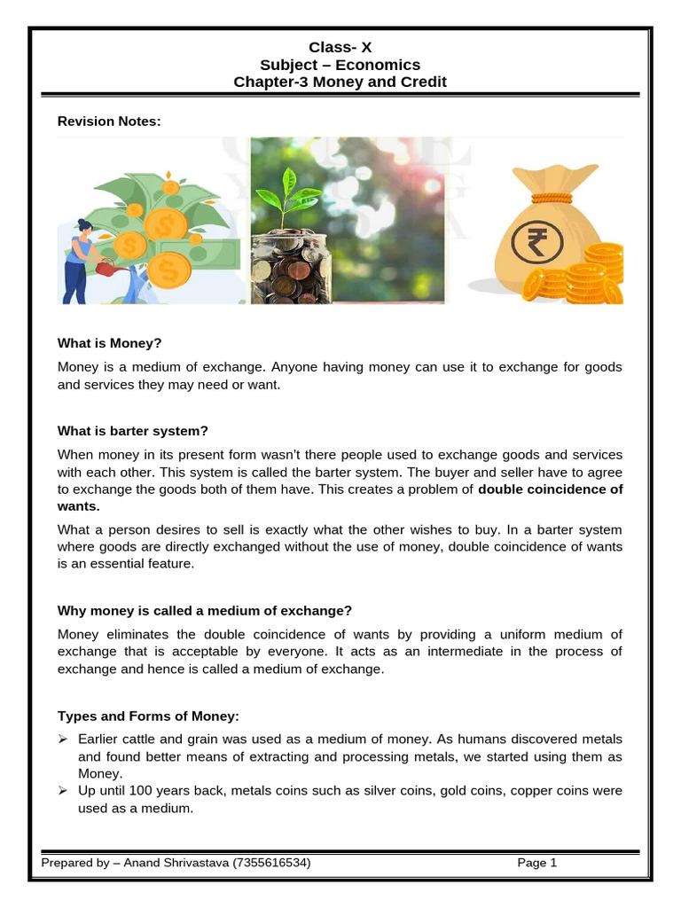 Money and Credit: Class X Economics Notes | PDF | Loans | Credit