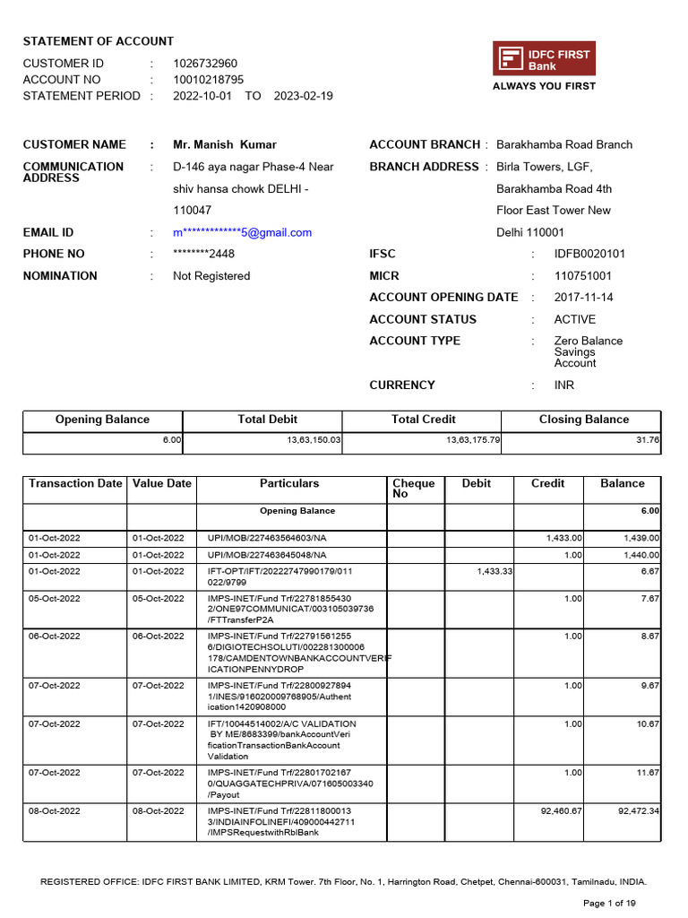 Account Statement for Mr. Manish Kumar | PDF | Payments | Debits And ...