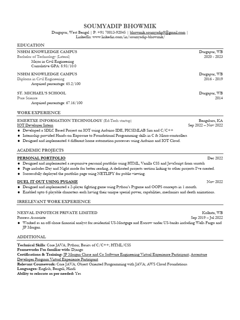 SoumyadipBhowmik Resume 7001392045 | PDF | Computing | Software Engineering