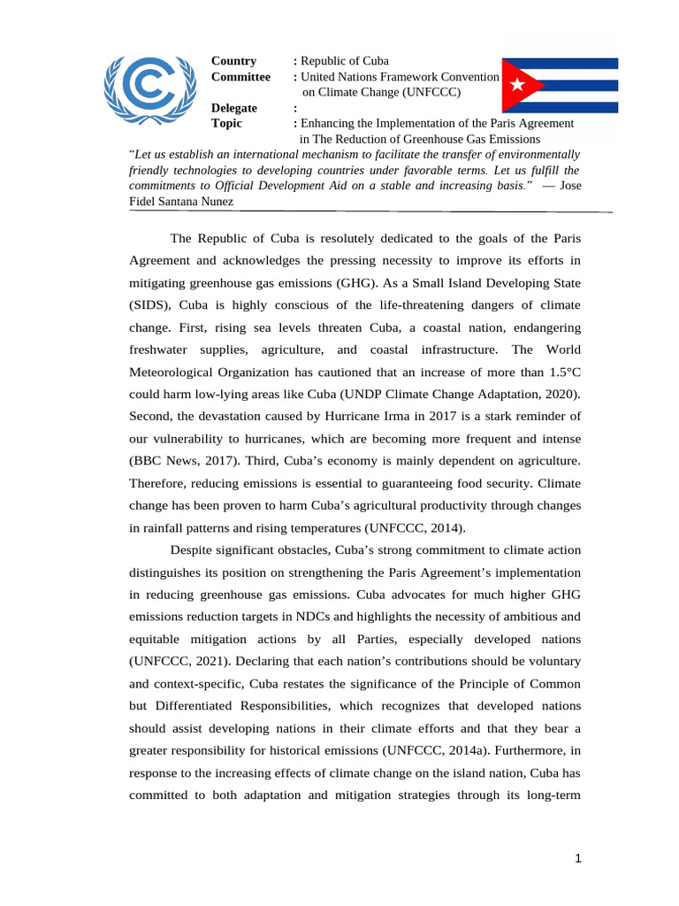 Position Paper UNFCCC Cuba | PDF | United Nations Framework Convention ...