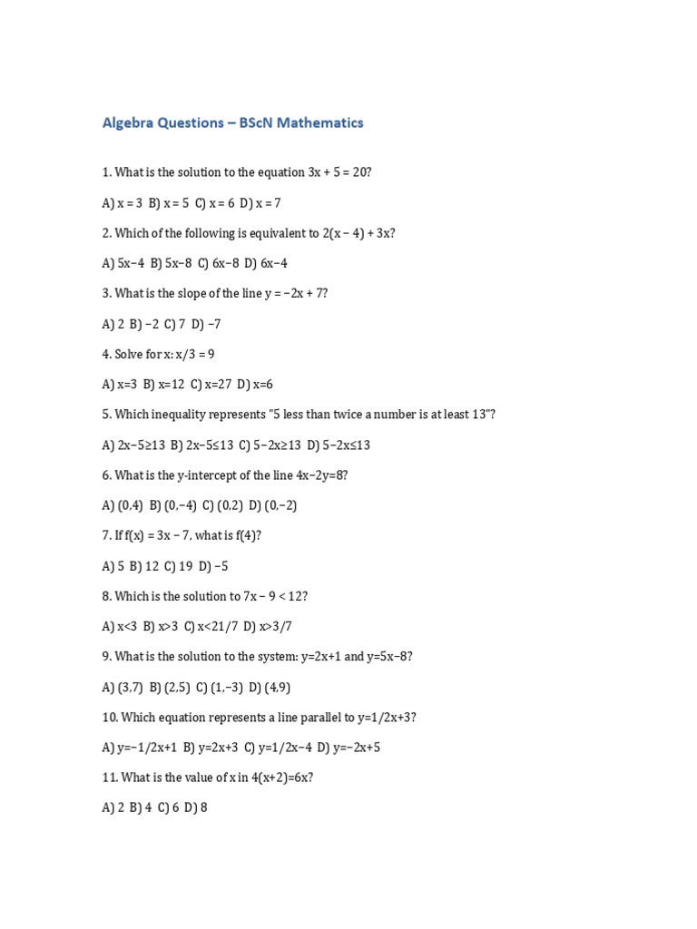 BScN Algebra Practice Questions | PDF