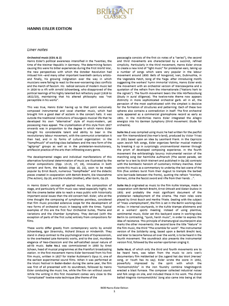 Hanns Eisler Edition Liner Notes Download | PDF | Orchestras | Symphony