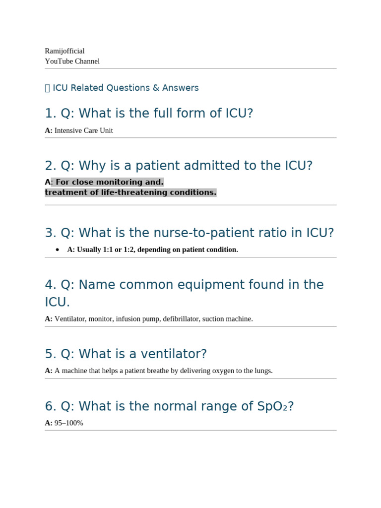 ICU Nursing FAQs and Best Practices | PDF | Intensive Care Unit ...