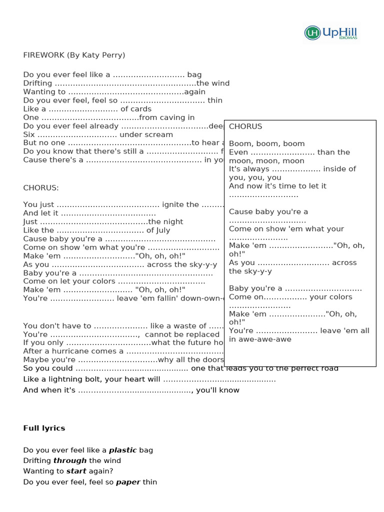Katy Perry's Firework Lyrics | PDF