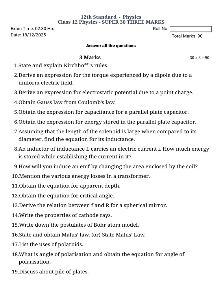 Class 12 Physics Exam Questions Guide | PDF