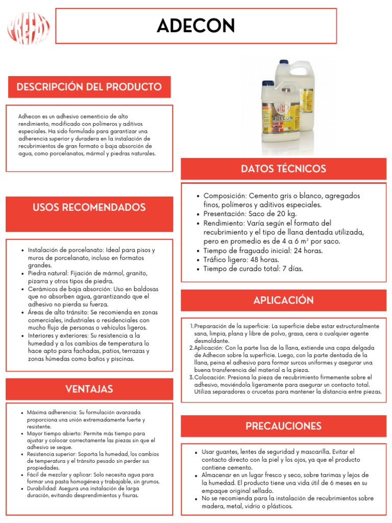 Adhesivo Cementicio Adhecon para Recubrimientos | PDF | Cemento | Adhesivo
