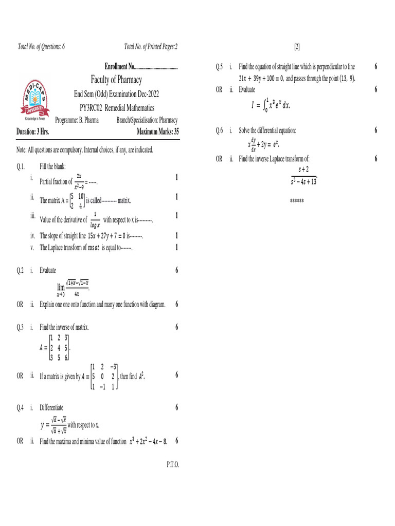Remedial Mathematics Exam Paper 2022 | PDF | Matrix (Mathematics ...