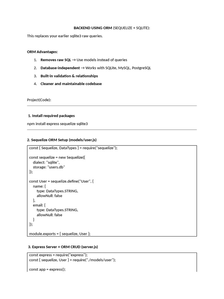 Sequelize ORM with SQLite Setup Guide | PDF