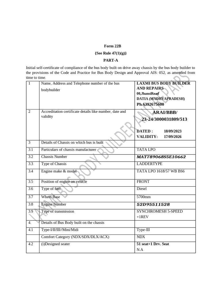 Bus Body Compliance Certificate Form 22B | PDF | Door | Lighting