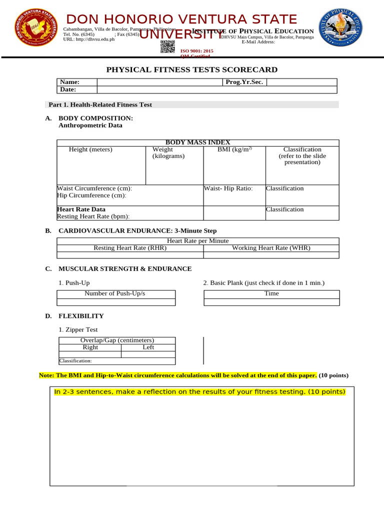 Physical Fitness Tests Scorecard Template | PDF | Body Mass Index ...
