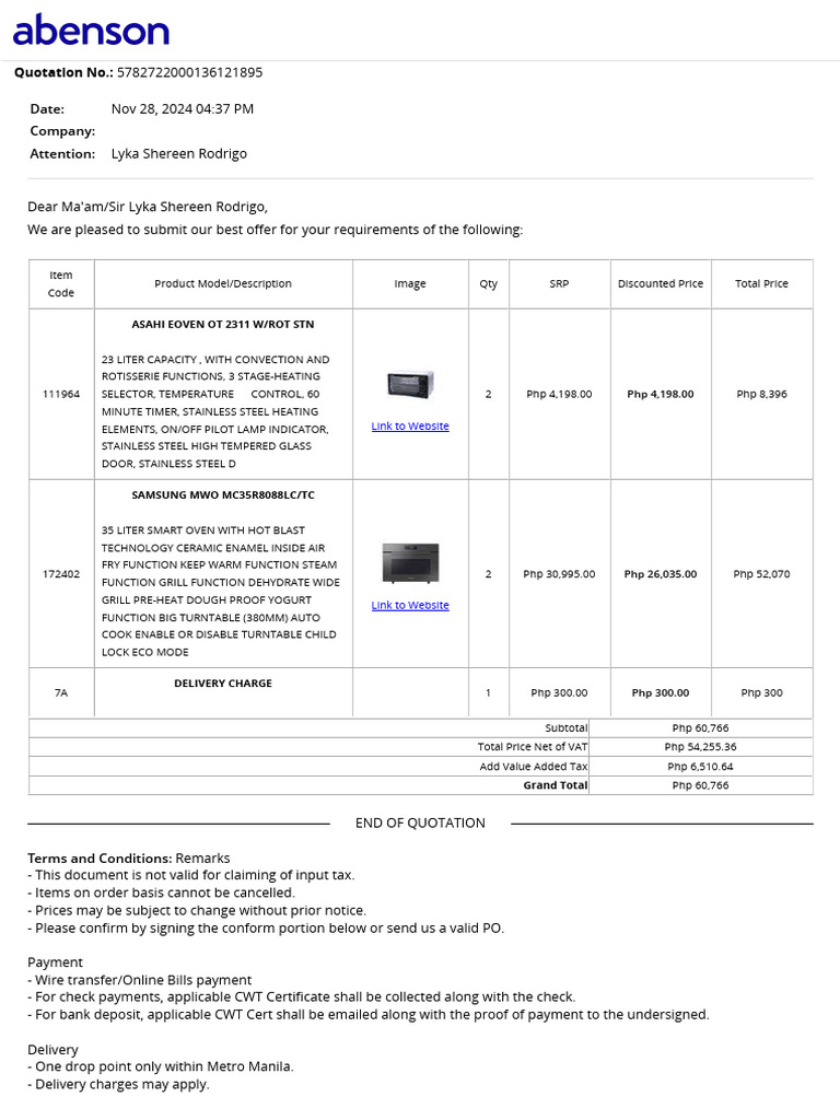 Quotation for Kitchen Appliances Offer | PDF