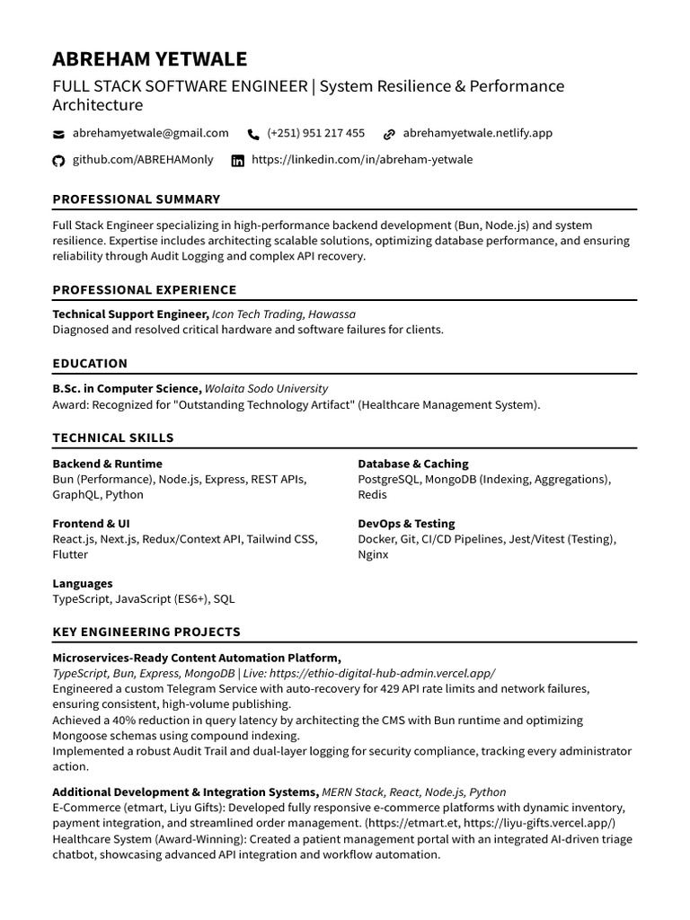 Full Stack Engineer Resume Overview | PDF