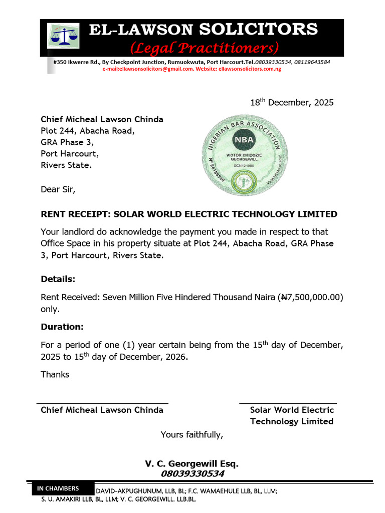 Rent Receipt for Solar World Electric | PDF