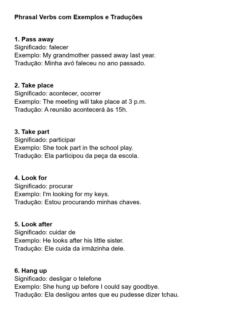 Phrasal Verbs: Exemplos e Traduções | PDF | Gravação de som | Música ...