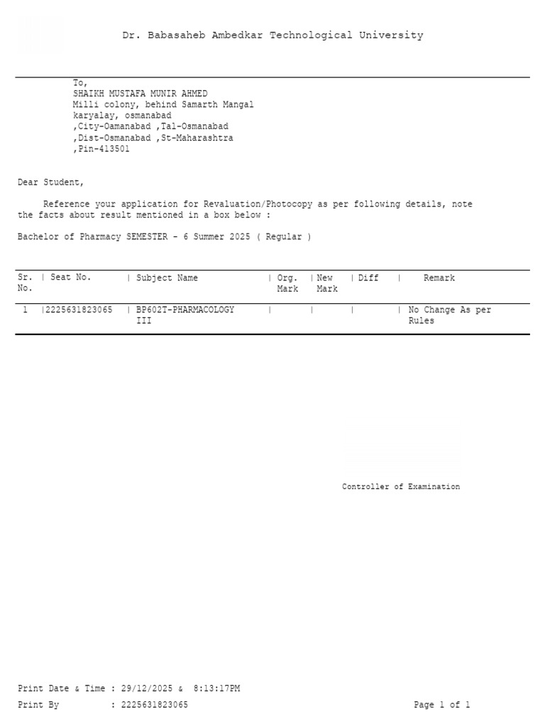 Reassessment Result Declare Student Remarks Letter | PDF