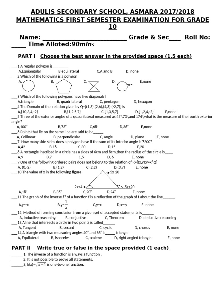 Grade 10 Math Exam 2017/2018 | PDF | Triangle | Circle