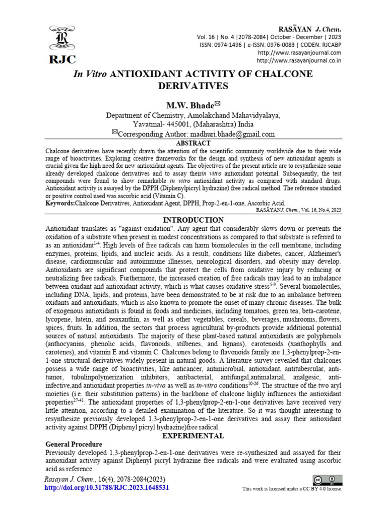 In Vitro Antioxidant Activity of Chalcones | PDF | Antioxidant | Polyphenol