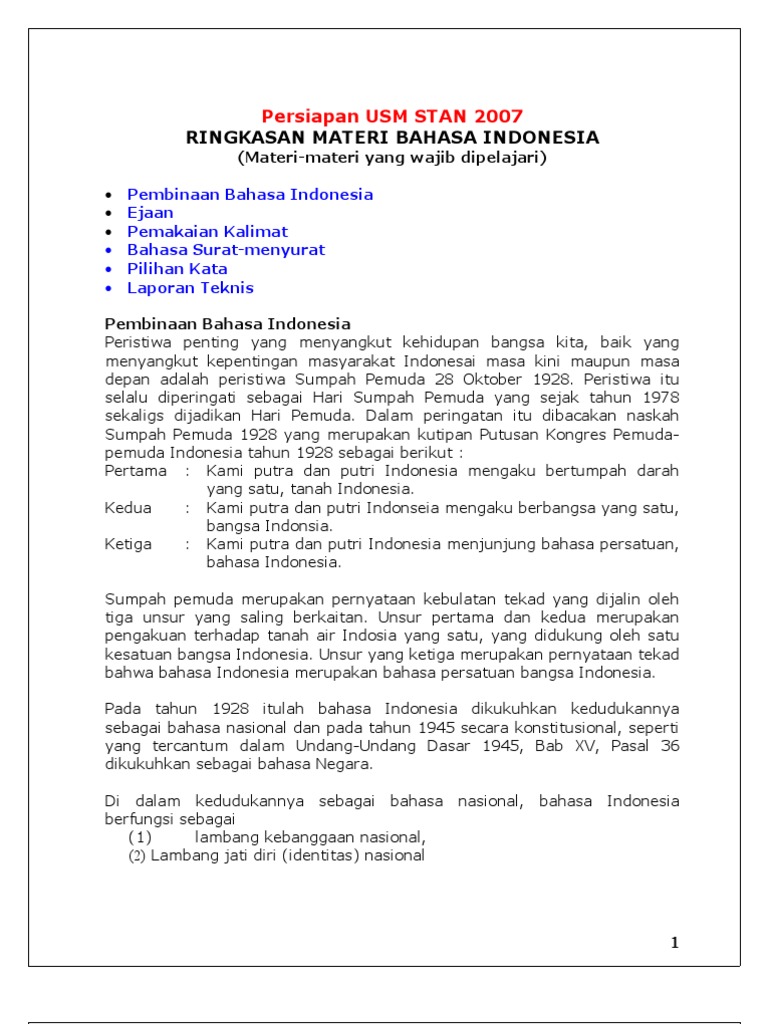 Persiapan Usm Stan 2007 Ringkasan Materi Bahasa Indonesia