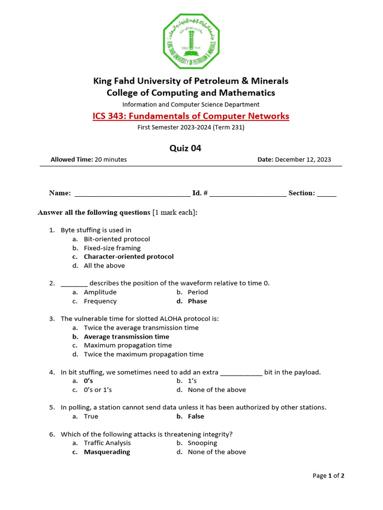 ICS 343 Quiz 04 Solutions Set 01 | PDF | Amplitude | Waves