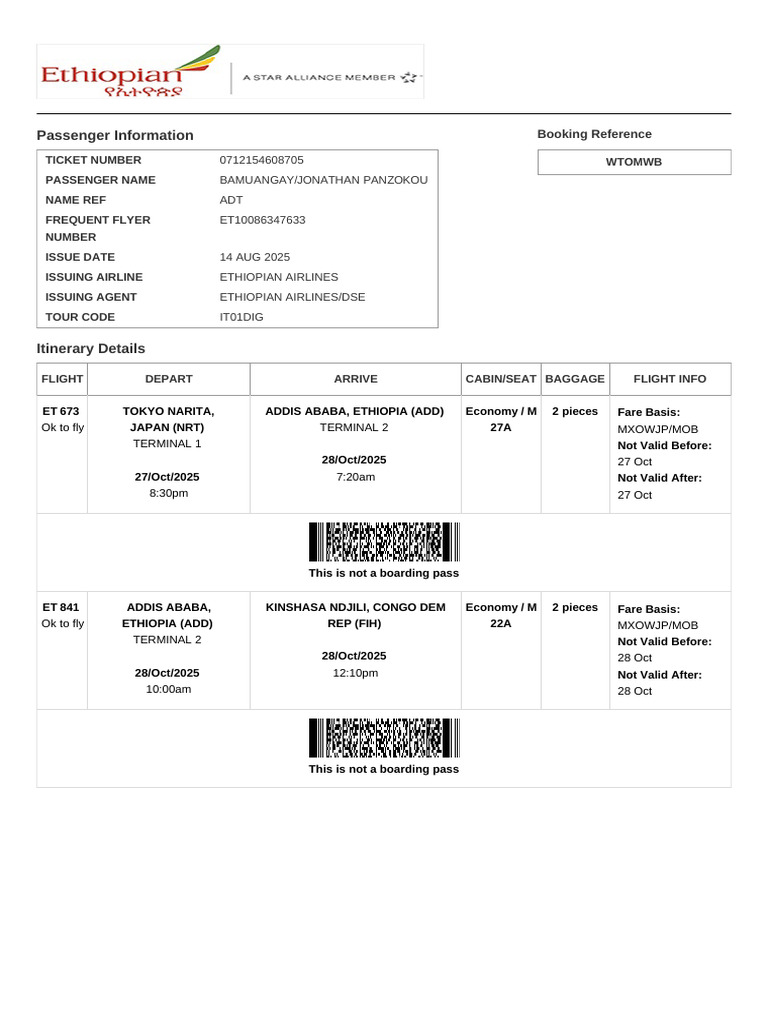 Electronic Ticket Receipt, October 27 For JONATHAN PANZOKOU BAMUANGAY 2 ...