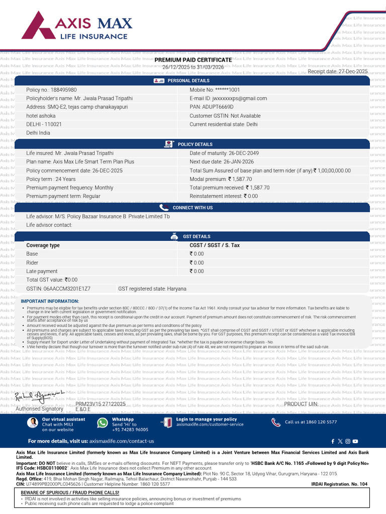 Axis Max Life Insurance Policy Receipt | PDF | Insurance | Taxes