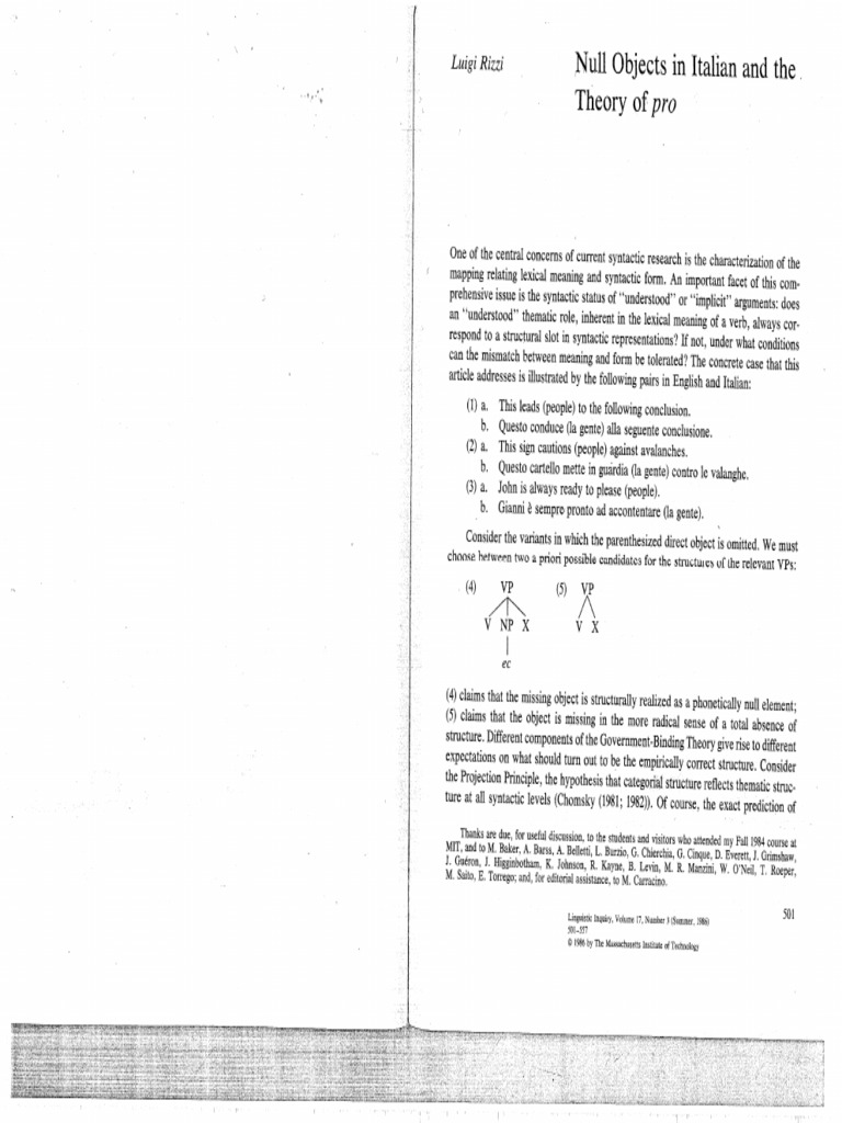 LI 17.1986.Rizzi.null Objects in Italian and the Theory of _pro | PDF