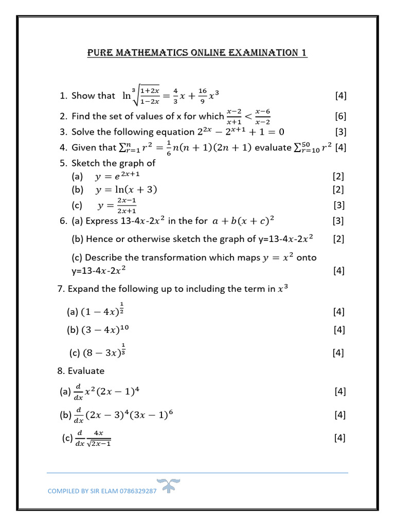 Pure Mathematics Online Exam Questions | PDF