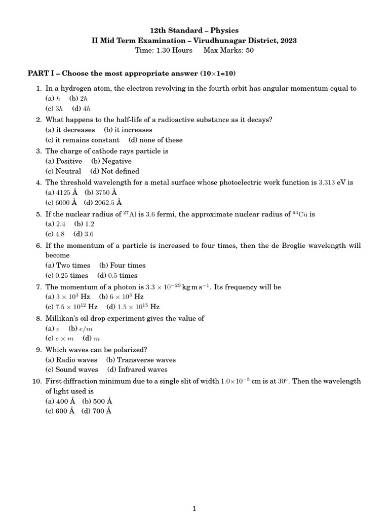 12th Standard Physics Mid Term Exam 2023 | PDF | Electron | Diffraction