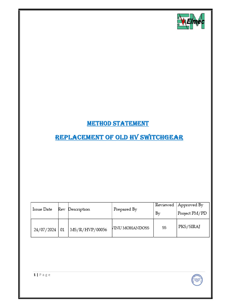HV Switchgear Replacement Method Statement | PDF | Personal Protective ...