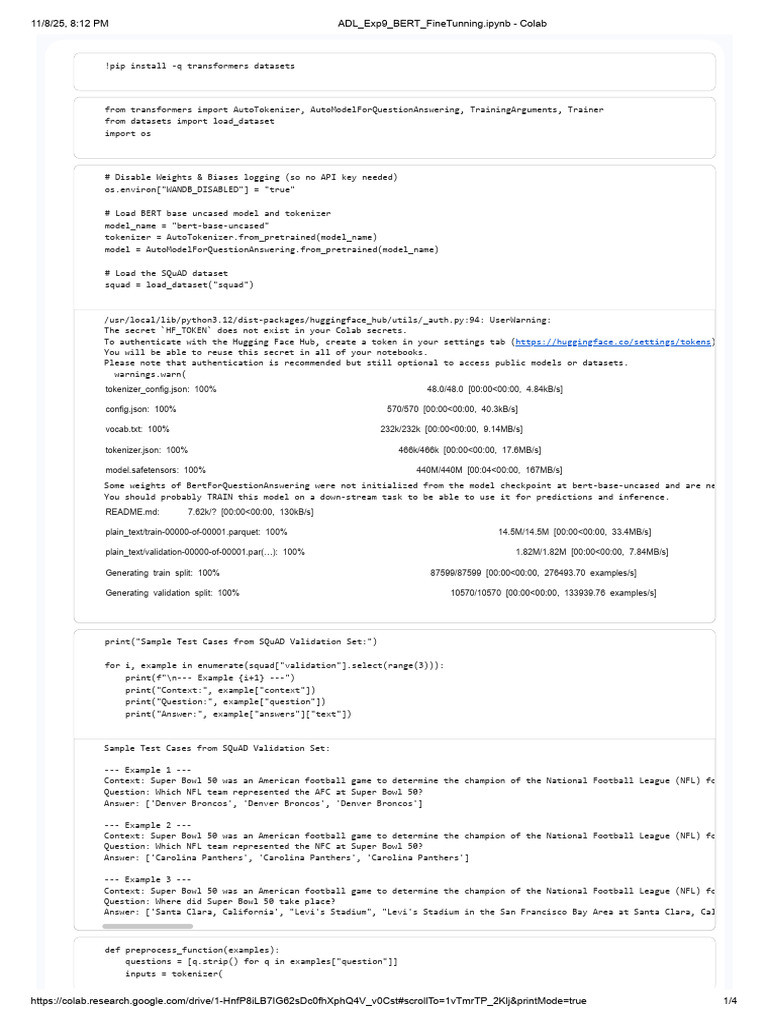 ADL Exp9 BERT FineTunning | PDF | Computing | Machine Learning