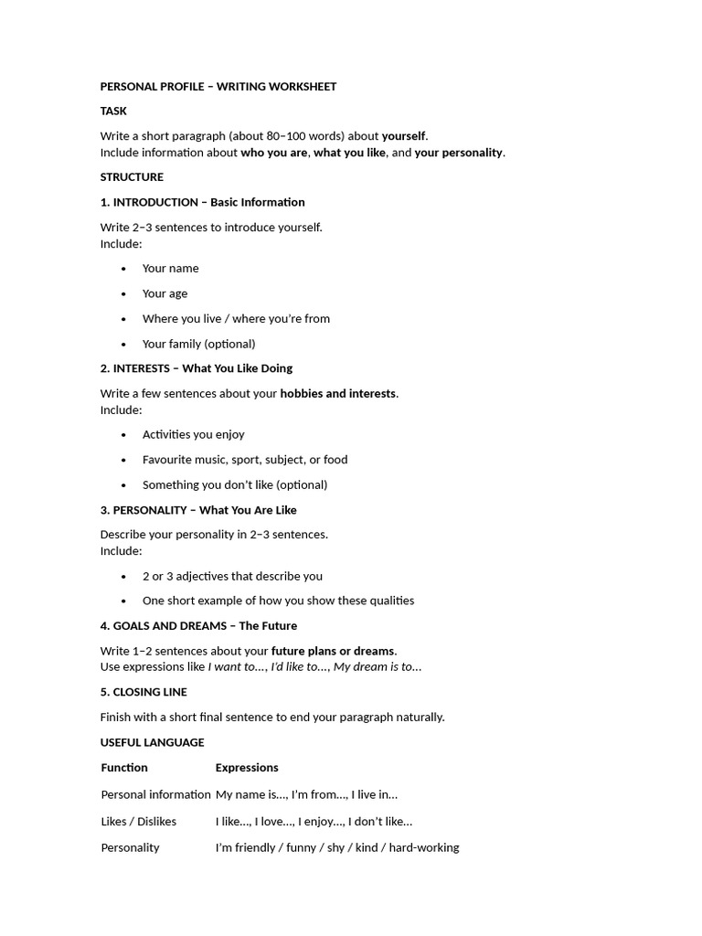 Personal Profile Writing Worksheet | PDF
