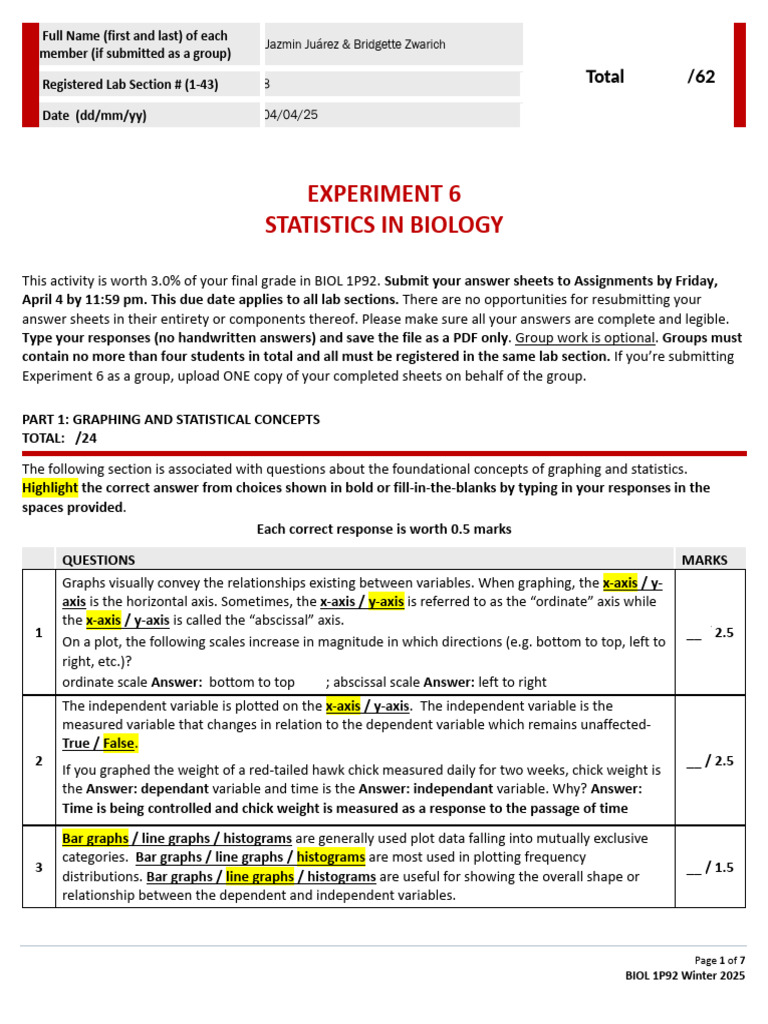 Statistics in Biology Lab Experiment | PDF | Mode (Statistics) | Errors ...