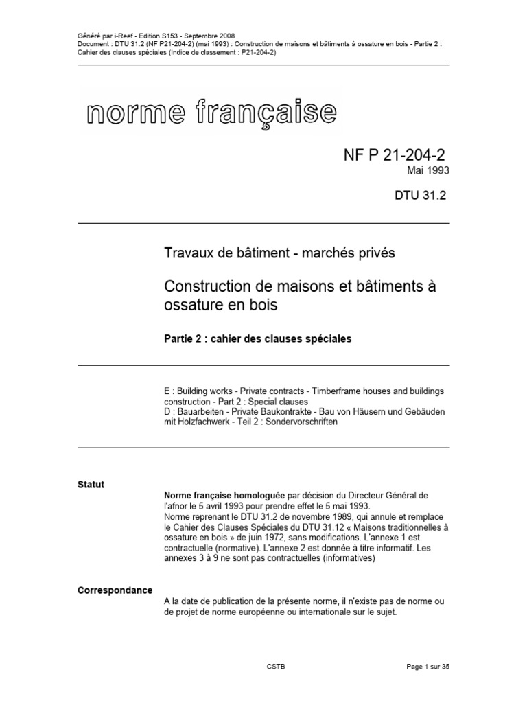Cahier des clauses spéciales DTU 31.2 | PDF