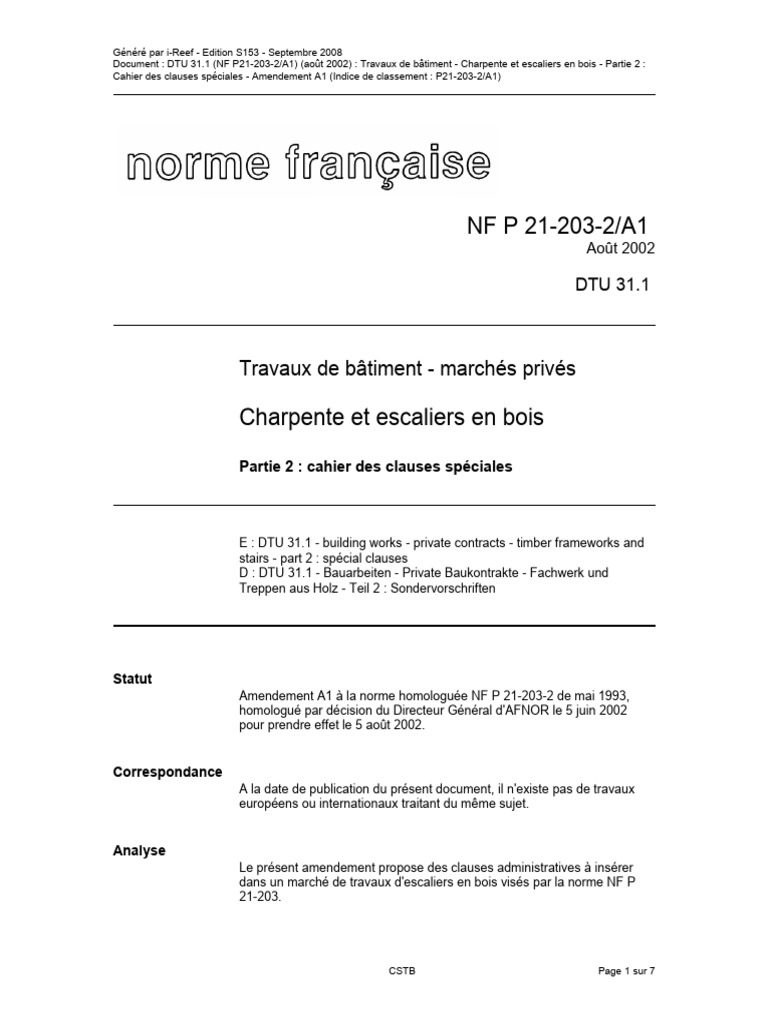 DTU 31.1 : Clauses Escaliers en Bois | PDF | Code de la construction et ...