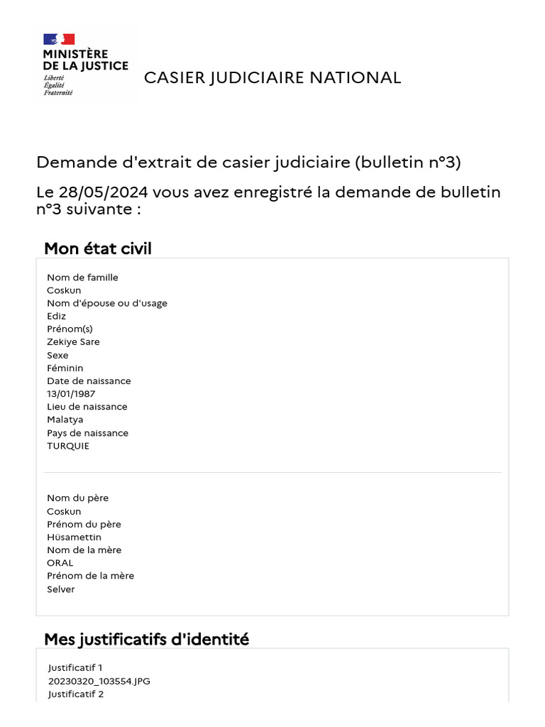 Demande de bulletin n°3 de casier judiciaire | PDF