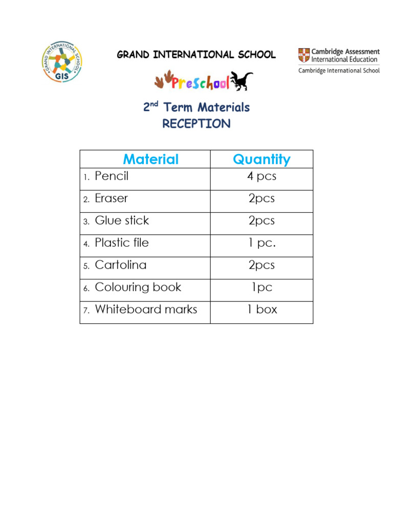 Reception 2nd Term Supplies List | PDF