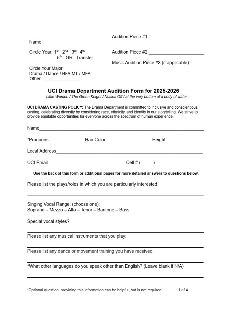 UCI Drama Department Audition Form 2025-2026 | PDF | Workweek And ...