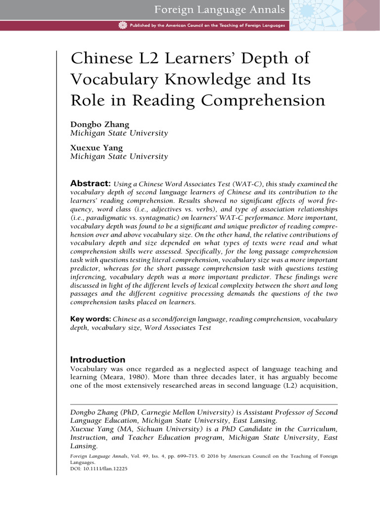 Vocabulary Depth in Chinese L2 Learners | PDF | Reading Comprehension ...