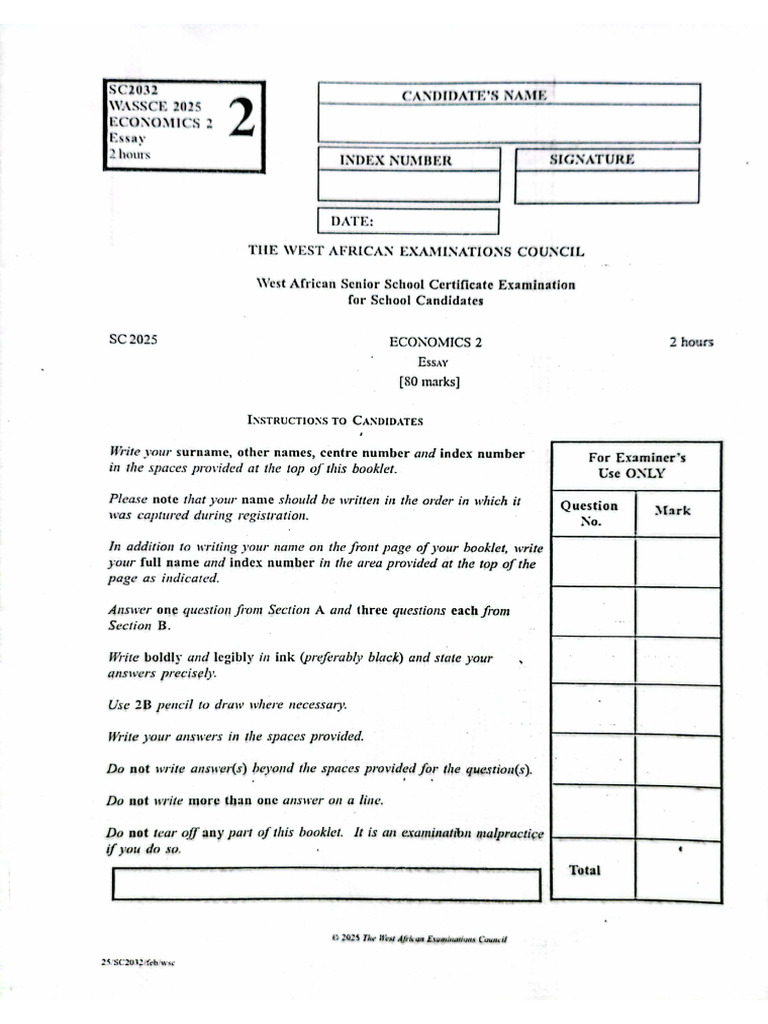 Wassce 2025 Economics Paper 1 and 2 | PDF