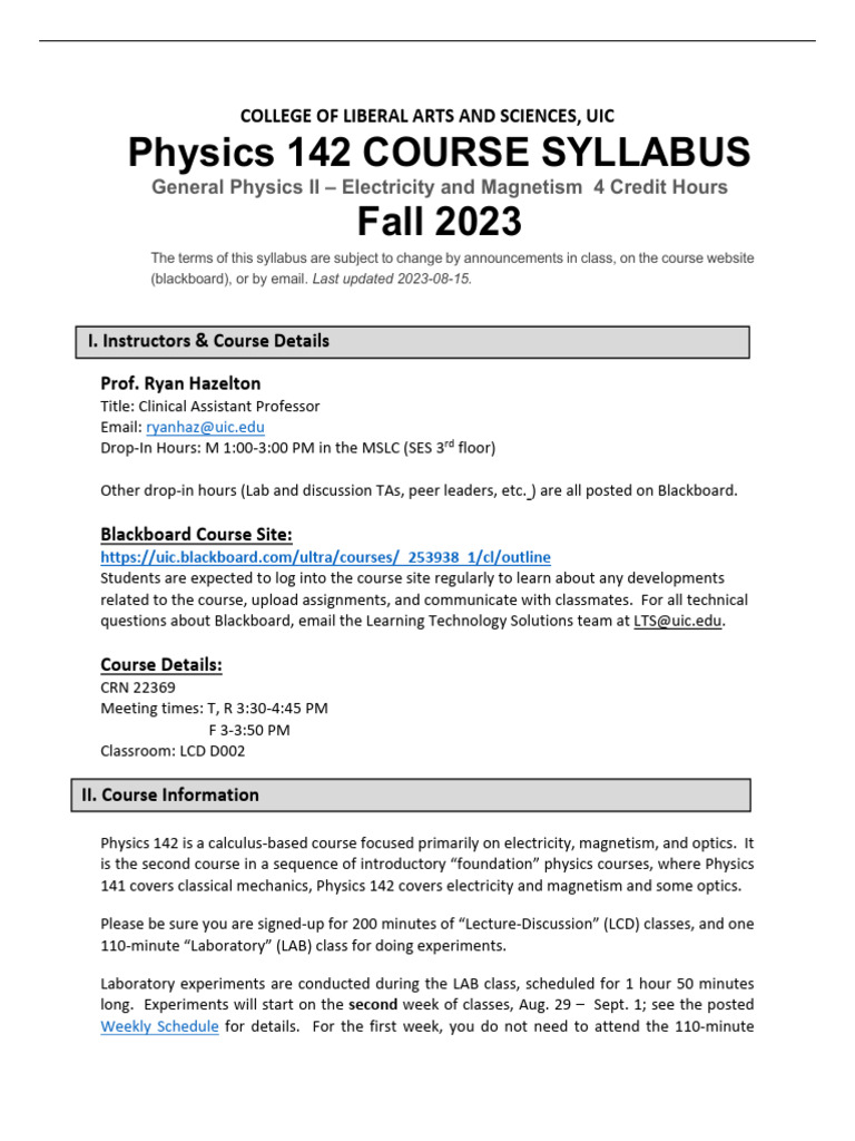 UIC Physics 142 Syllabus: Fall 2023 | PDF | Lecture | Homework