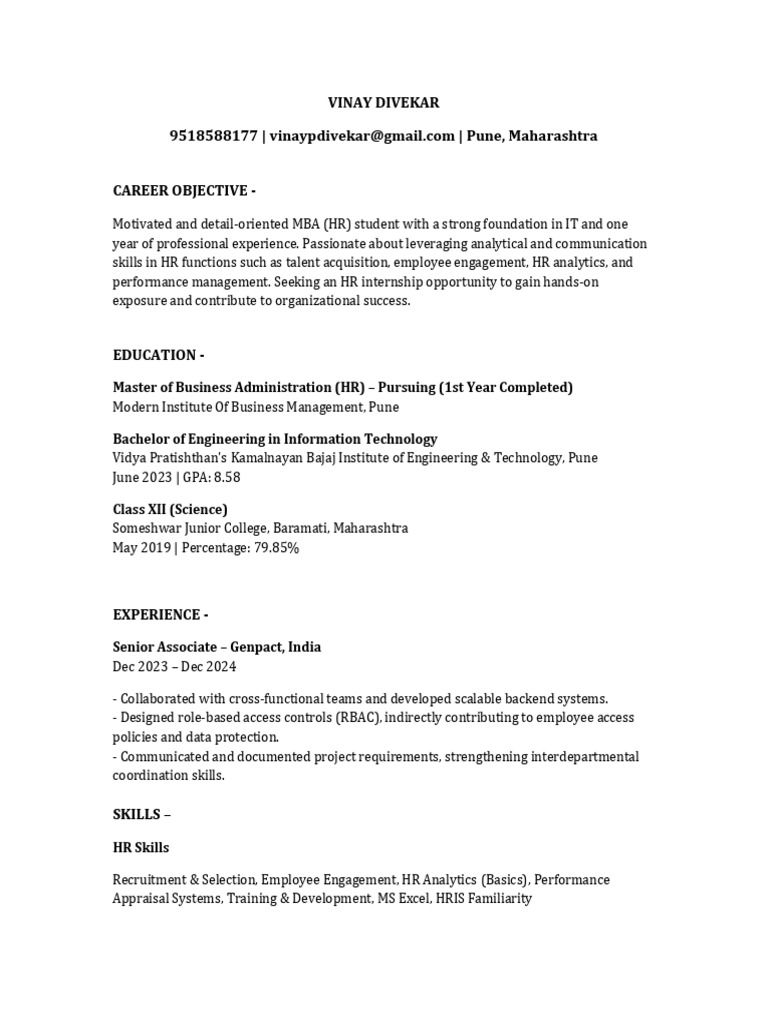 Vinay Resume | PDF | Performance Appraisal | Human Resource Management