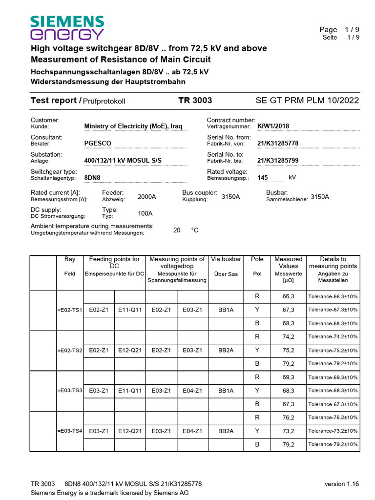 High Voltage Switchgear Test Report | PDF
