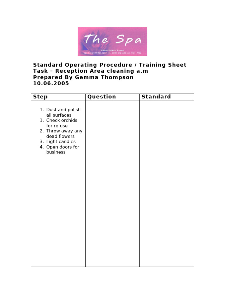 Reception Area Cleaning SOP | PDF