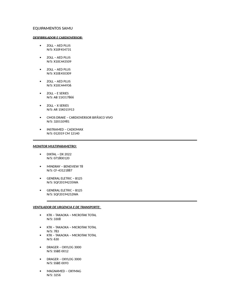Equipamentos SAMU: Lista Completa | PDF