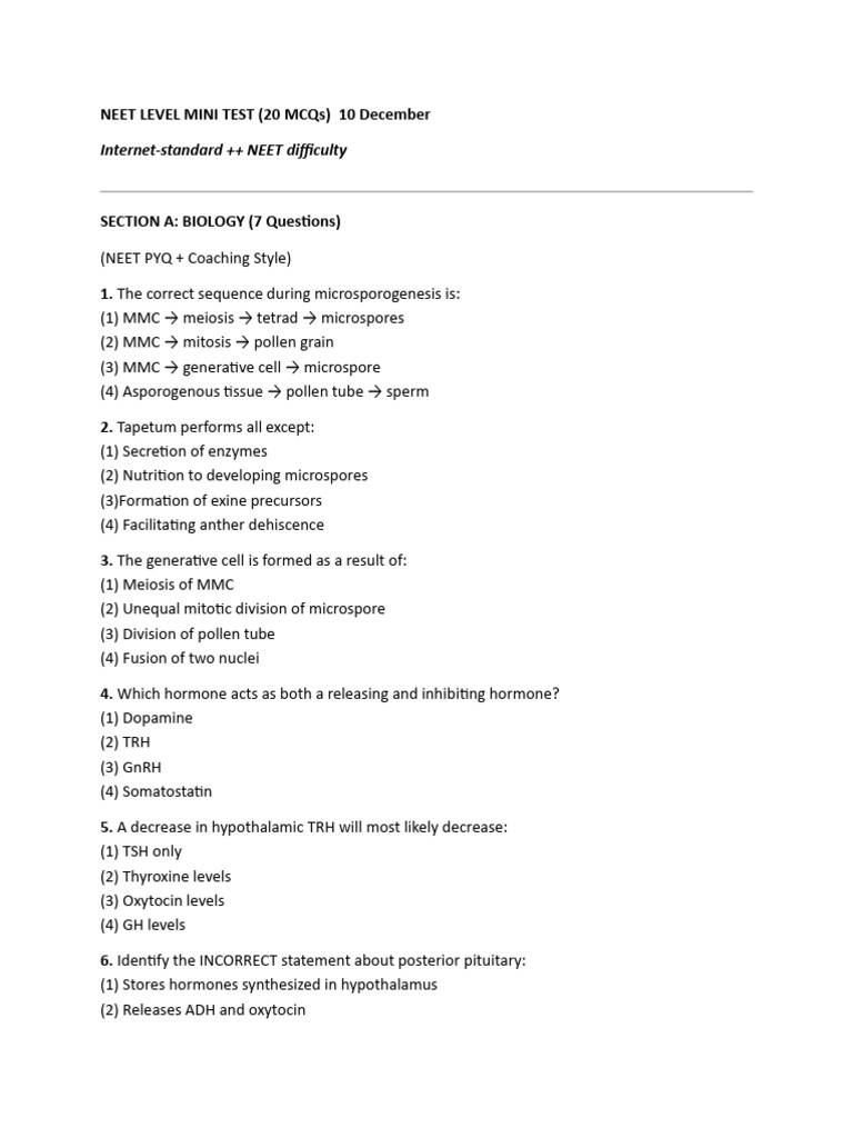 Neet Level Mini Test 10 Dec | PDF | Photoelectric Effect | Pollen