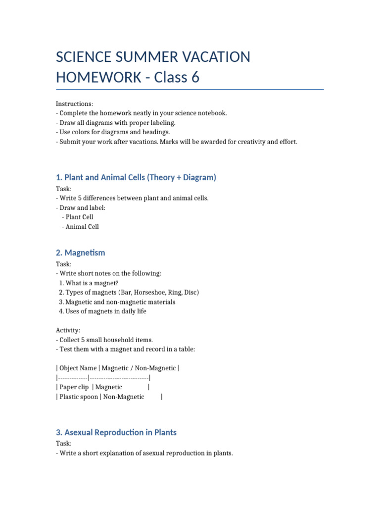 Class 6 Science Summer Homework Guide | PDF